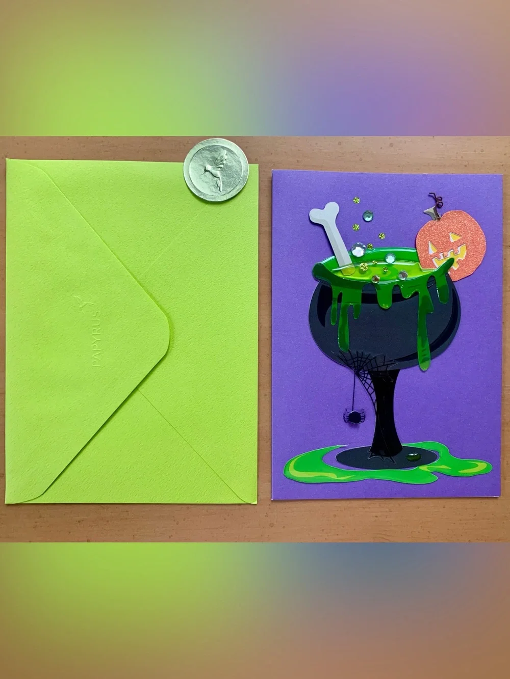 🎃 Papyrus Halloween Card Jeweled 3D Cauldron Pumpkin Spider – New